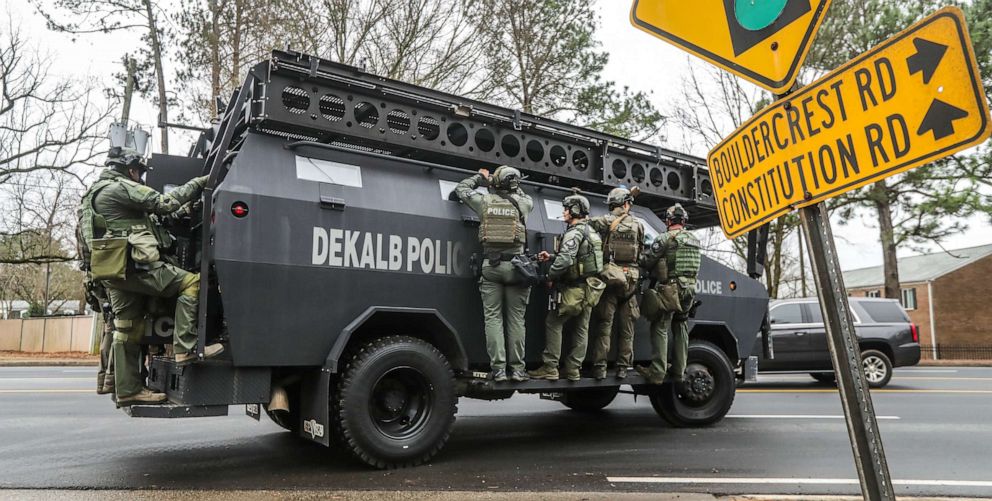 PHOTO: DeKalb, Ga., and Atlanta SWAT members are pictured leaving the Gresham Park command post in Atlanta on Wednesday, Jan. 18, 2023.