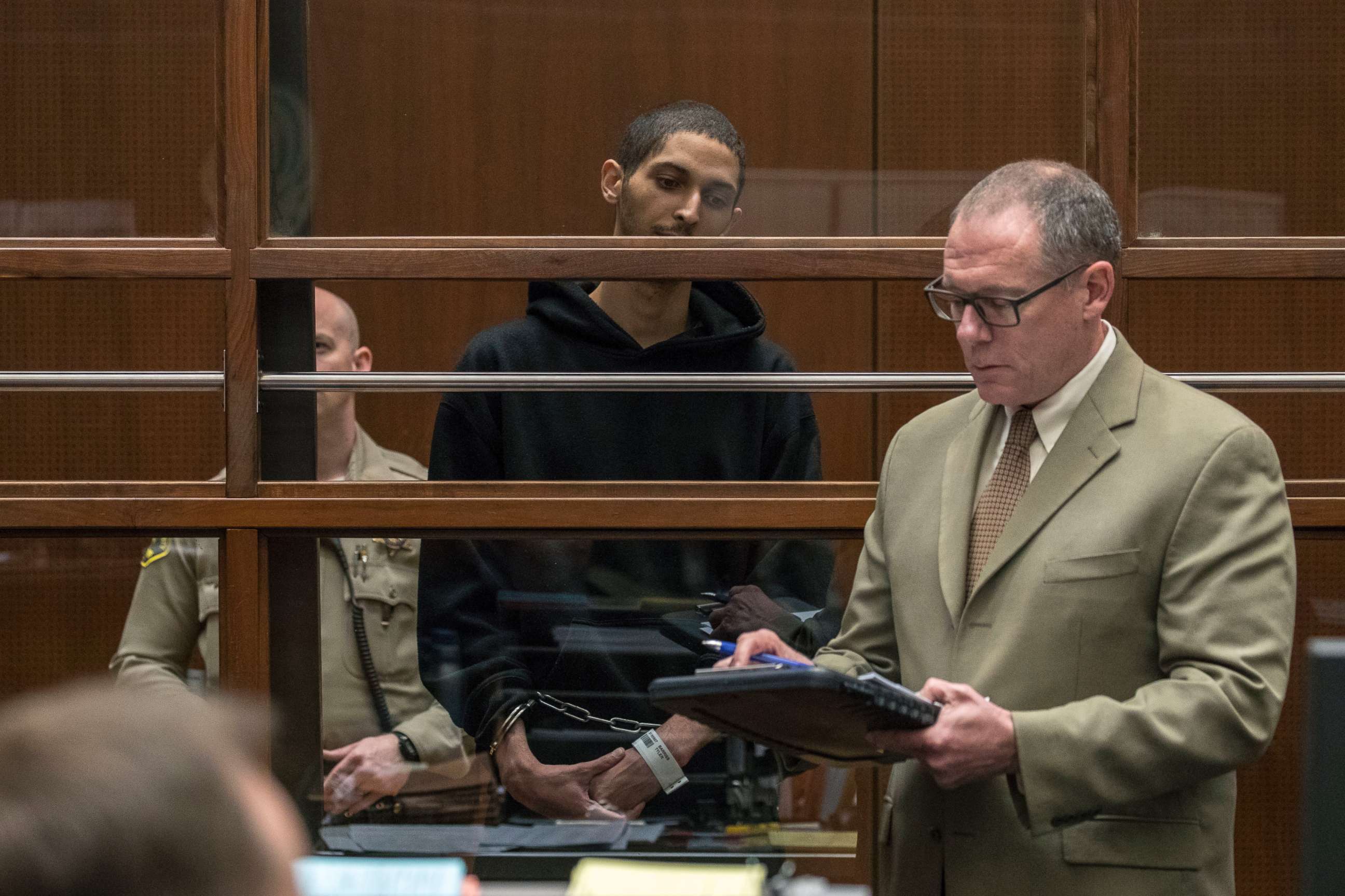 PHOTO: Tyler Barriss stands near public defender Mearl Lottman as he appears for an extradition hearing at Los Angeles Superior Court, Jan. 3, 2018, in Los Angeles.