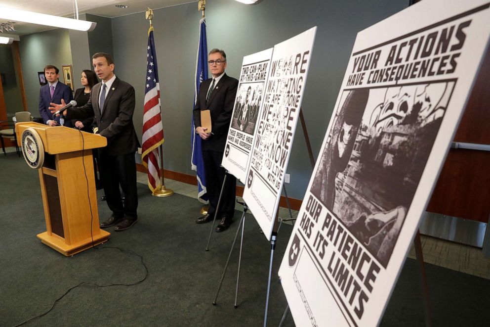 PHOTO: Raymond Duda, FBI Special Agent in Charge in Seattle, speaks during a news conference, Wednesday, Feb. 26, 2020, about charges against alleged members of the neo-Nazi group Atomwaffen Division for cyber-stalking and threatening communications.