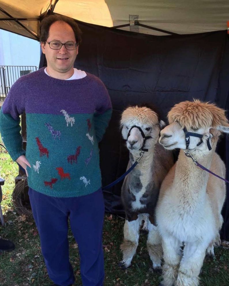 PHOTO: Sam Barsky knits sweaters of famous places and landmarks, and then visits those places decked out his matching sweaters. 