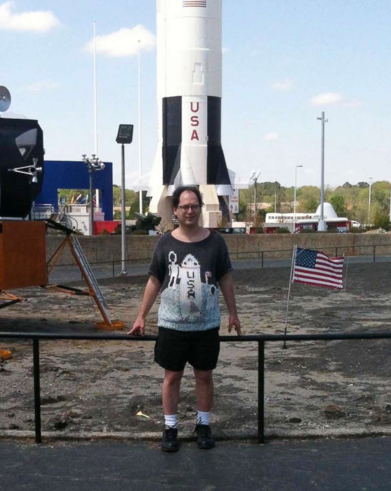 PHOTO: Sam Barsky knits sweaters of places or themes, and takes pictures in front of those places while in his matching sweater.