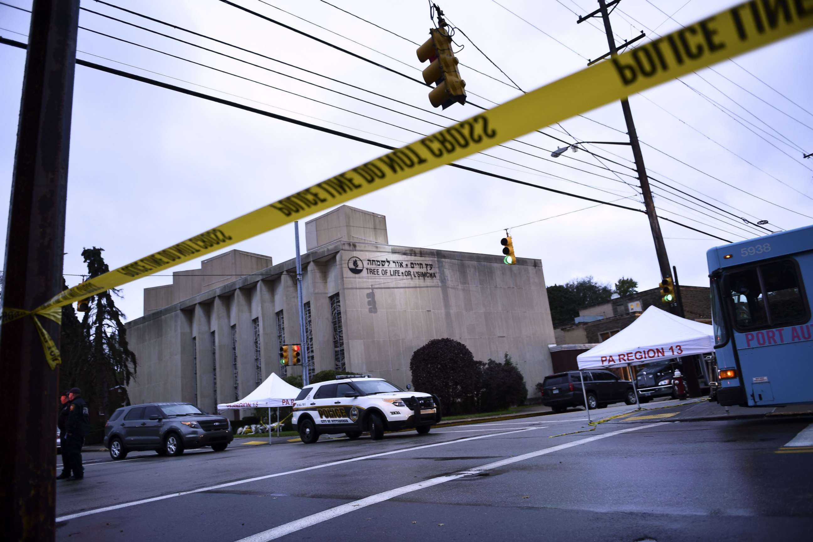 PHOTO: Police tape is viewed around the area, Oct. 28, 2018, outside the Tree of Life Synagogue after a fatal shooting in Pittsburgh, Oct. 27, 2018. 