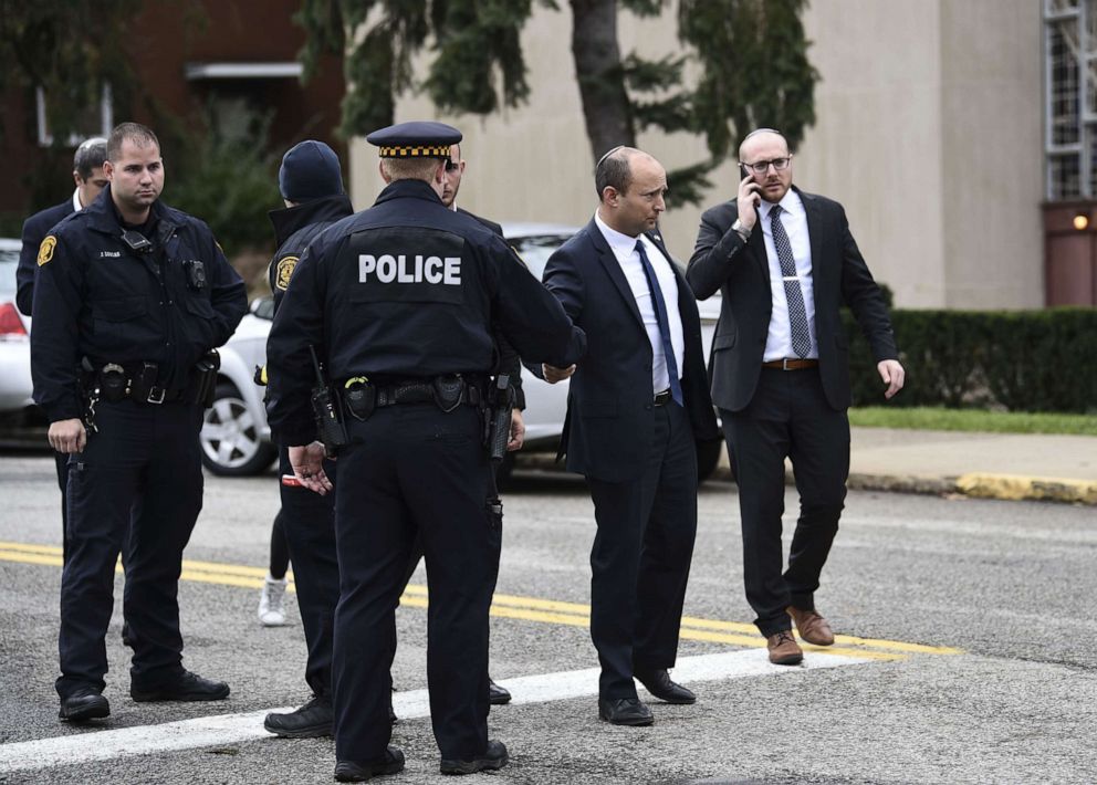 PHOTO: Israeli Diaspora Affairs Minister Naftali Bennett(C) arrives at the Tree of Life synagogue, Oct. 28, 2018, in Pittsburgh. 