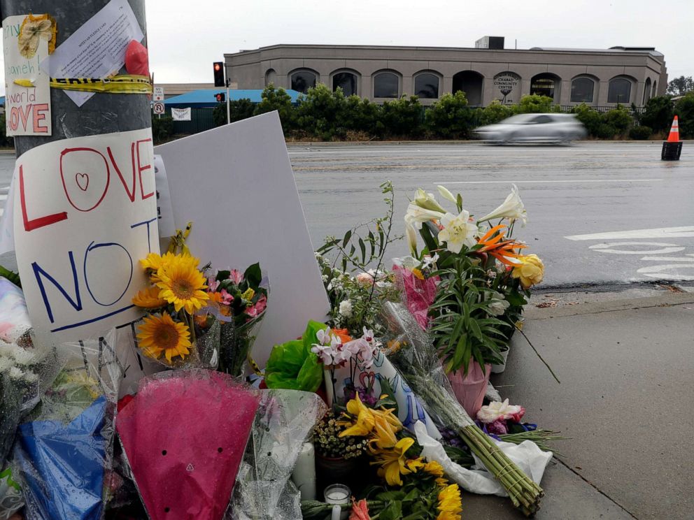 PHOTO: Signs of support and flowers adorn a pole in front of Chabad of Poway Synagogue, April 29, 2019, in Poway, California.