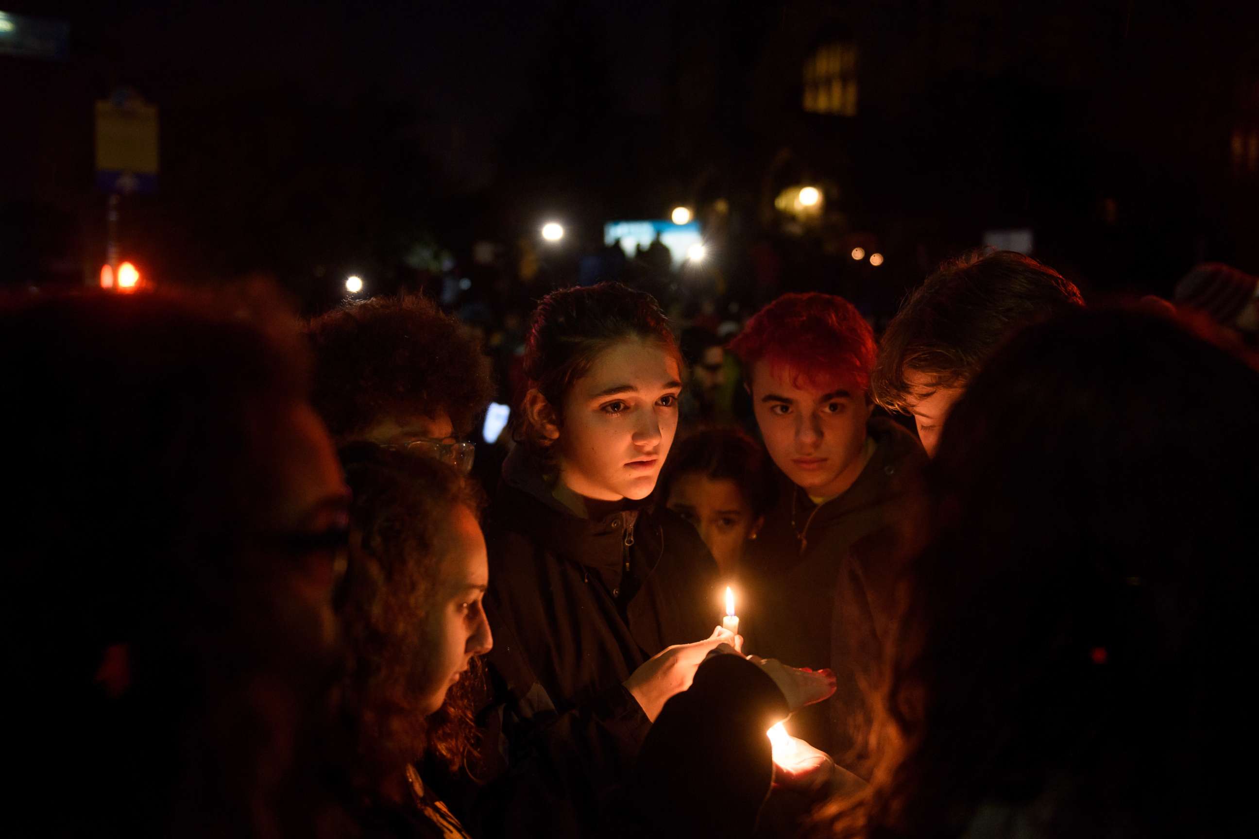 PHOTO: People gather for a interfaith candlelight vigil a few blocks away from the site of a mass shooting at the Tree of Life Synagogue, Oct. 27, 2018, in Pittsburgh. 