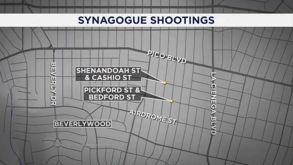 PHOTO: A maps shows the locations in Los Angeles where two shootings of two Jewish men who were leaving synagogues occurred.
