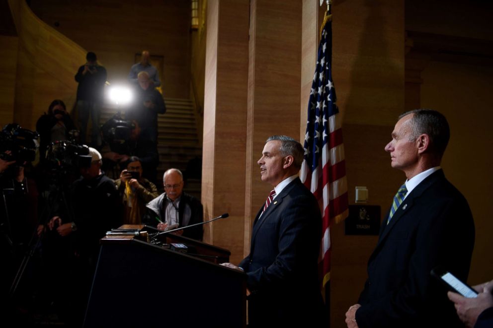 PHOTO: U.S. Attorney Scott Brady and FBI Agent Bob Jones announce the arraignment of Robert Bowers, the defendant in the mass shooting at the Tree of Life Synagogue, on Oct. 29, 2018 in Pittsburgh.