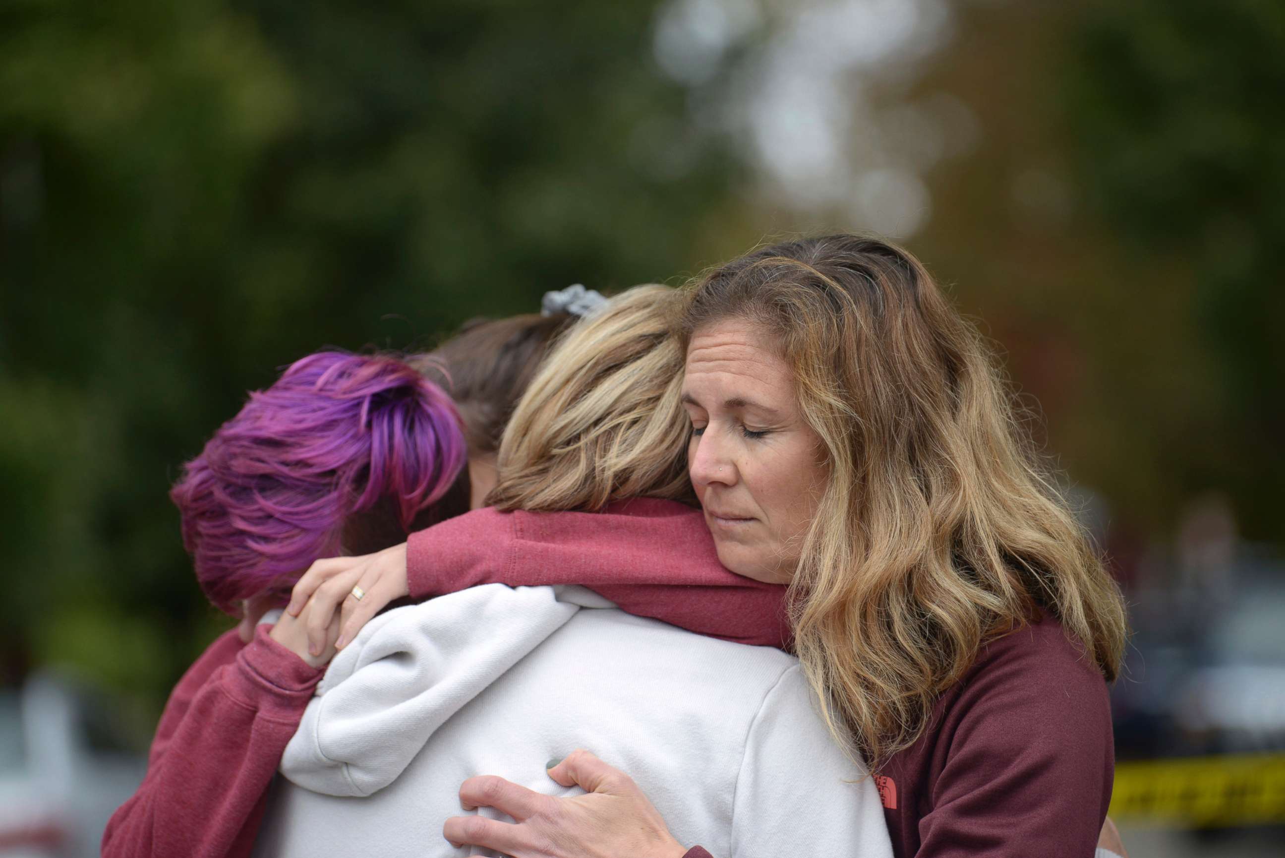 PHOTO: From left, Cody Murphy, 17 Sabrina Weihrauch, and Amanda Godley, left, comfort one another after an active shooter situation at Tree of Life Synagogue in Pittsburgh, Oct. 27, 2018.