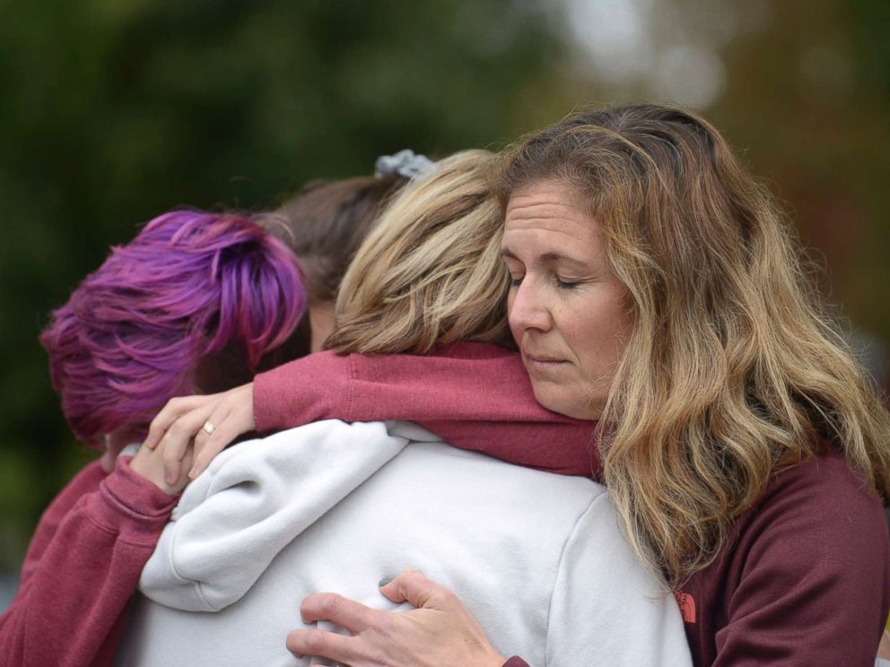 PHOTO: From left, Cody Murphy, 17 Sabrina Weihrauch, and Amanda Godley, left, comfort one another after an active shooter situation at Tree of Life Synagogue in Pittsburgh, Oct. 27, 2018.