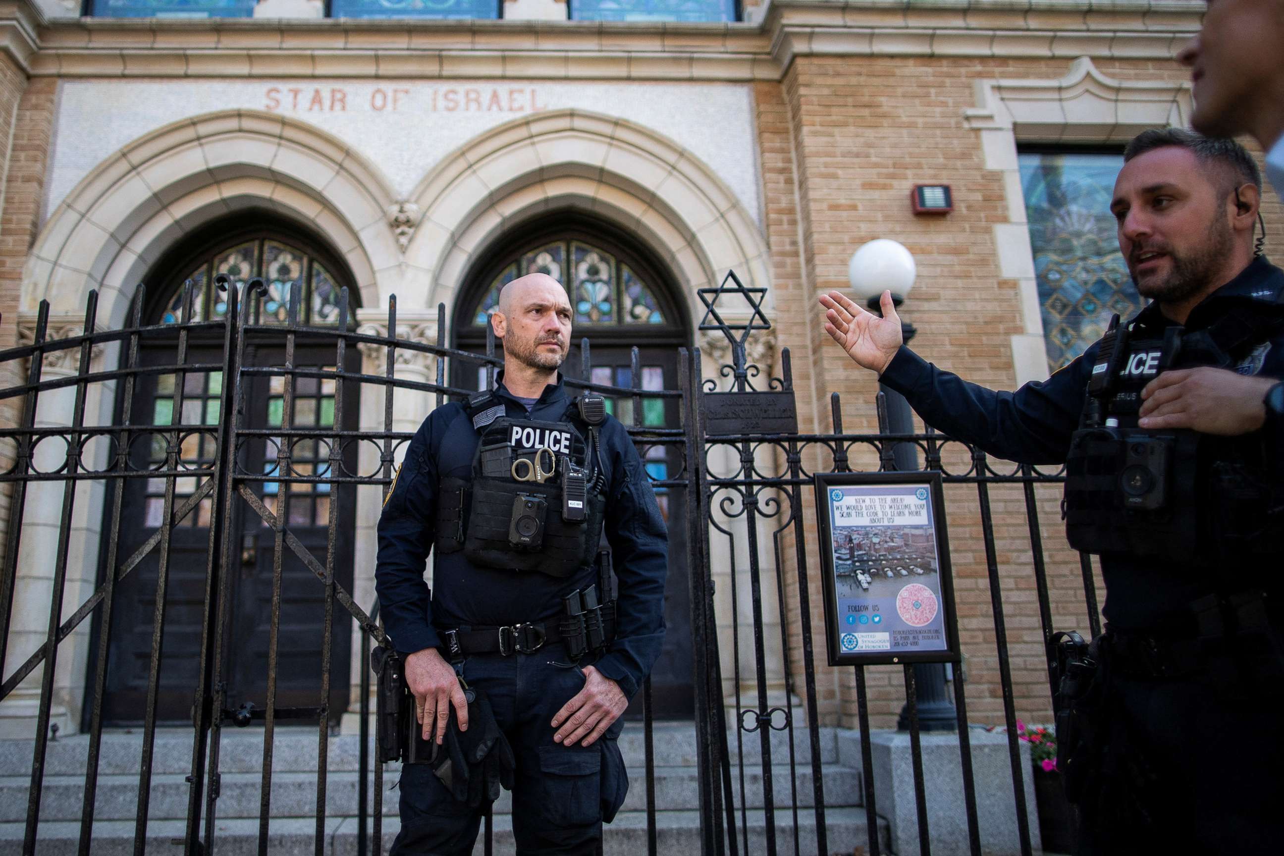 PHOTO: New Jersey police officers stand guard in front of the United Synagogue of Hoboken in New Jersey, Nov. 4, 2022.