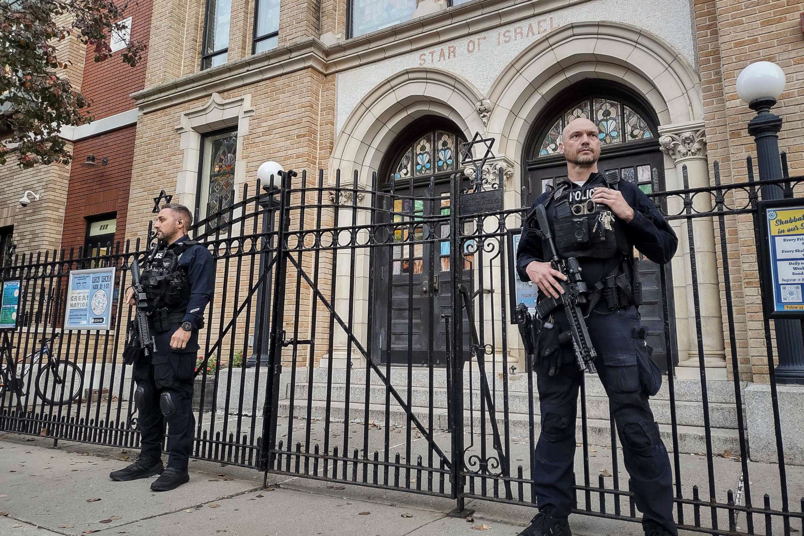 PHOTO: Police officers stand watch outside the United Synagogue of Hoboken, Nov. 3, 2022, in Hoboken, N.J.