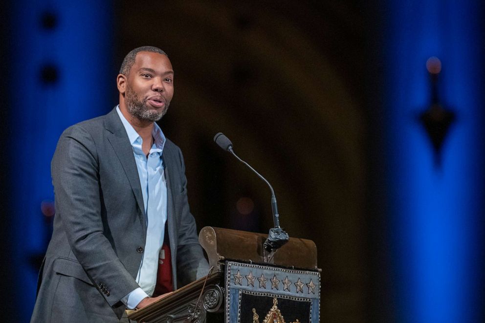 PHOTO: In this Nov. 21, 2019 file photo, author Ta-Nehisi Coates speaks during the Celebration of the Life of Toni Morrison at the Cathedral of St. John the Divine in New York.