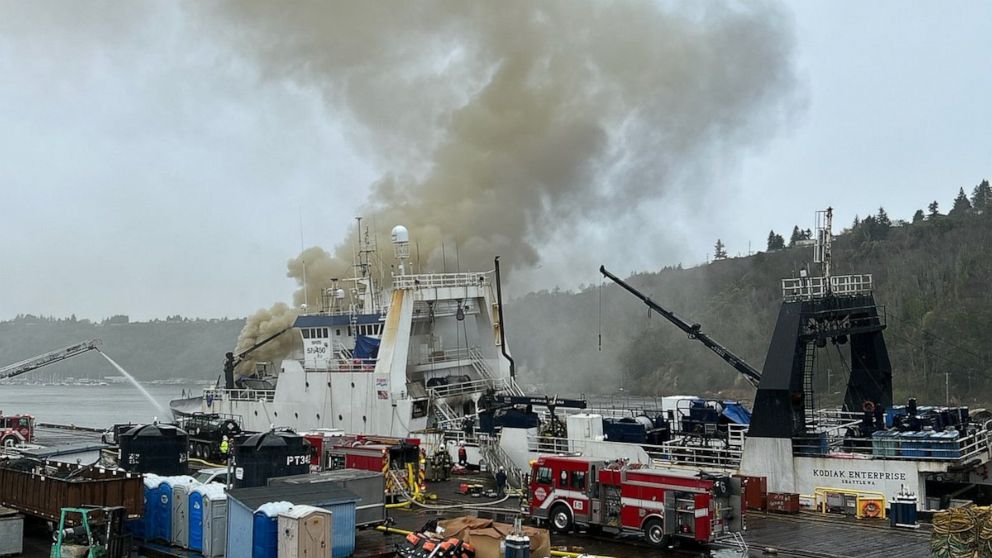 PHOTO: Smoke rises from a fire on the Kodiak Enterprise in Tacoma, Washington, in a photo released by the Washington Department of Ecology on April 8, 2023.