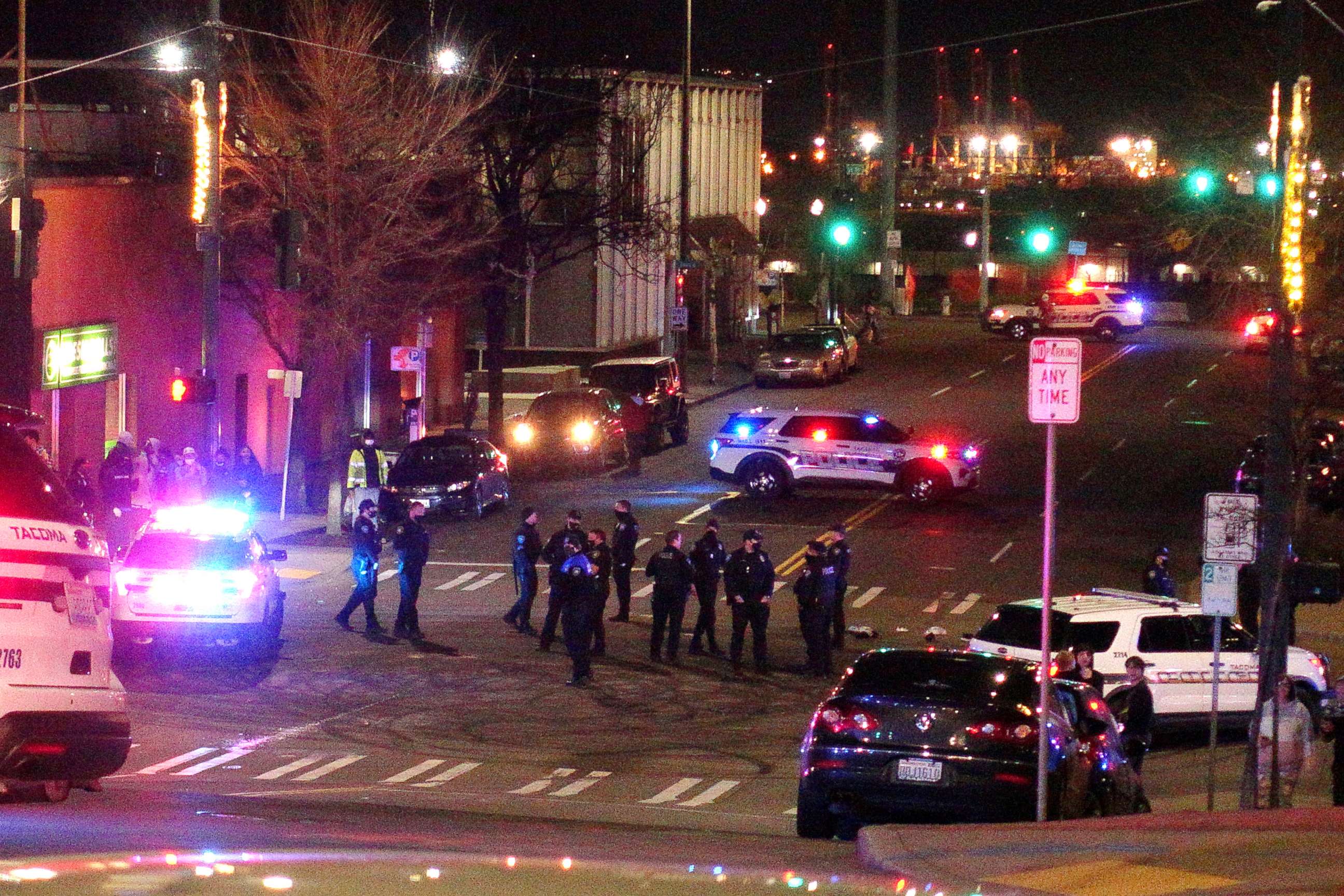 PHOTO: Tacoma Police and other law enforcement vehicles are shown near the site of a car crash, Jan. 23, 2021, in downtown Tacoma, Wash.