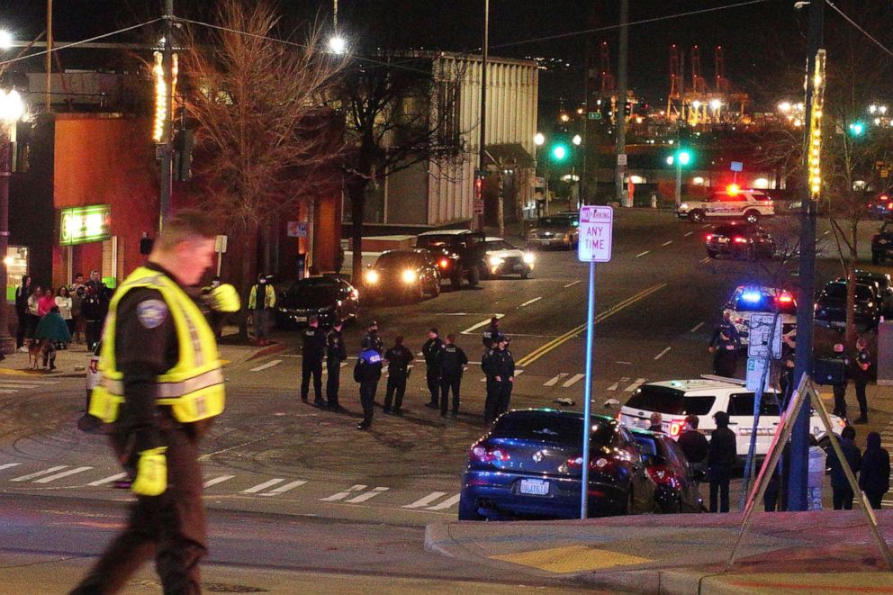 PHOTO: Tacoma Police and other law enforcement vehicles are shown near the site of a car crash, Jan. 23, 2021, in downtown Tacoma, Wash.