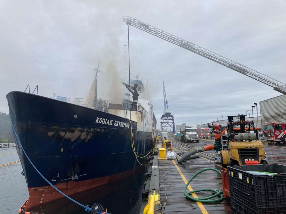 PHOTO: Smoke rises from a fire on the Kodiak Enterprise in Tacoma, Washington, in a photo released by the Washington Department of Ecology on April 8, 2023.