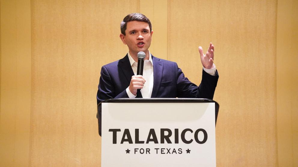 PHOTO: Democrat candidate for US Senate James Talarico speaks to supporters during his "Clear Eyes Full Hearts" campaign tour at the Hilton University of Houston in Houston, Texas, October 21, 2026.