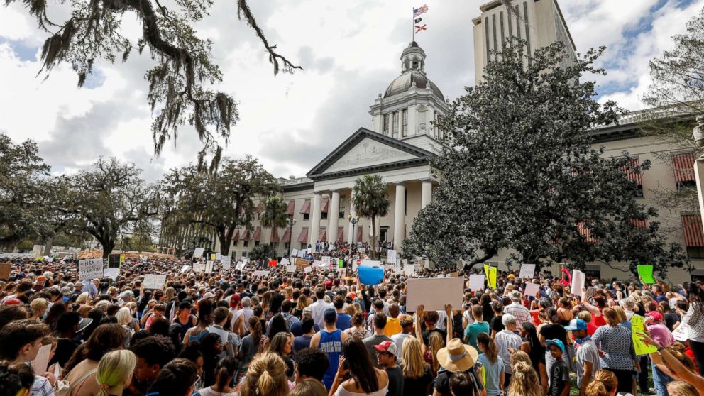 PHOTO: Protesters rally outside the Capitol urging Florida lawmakers to reform gun laws, in the wake of last week's mass shooting at Marjory Stoneman Douglas High School, in Tallahassee, Fla., Feb. 21, 2018.