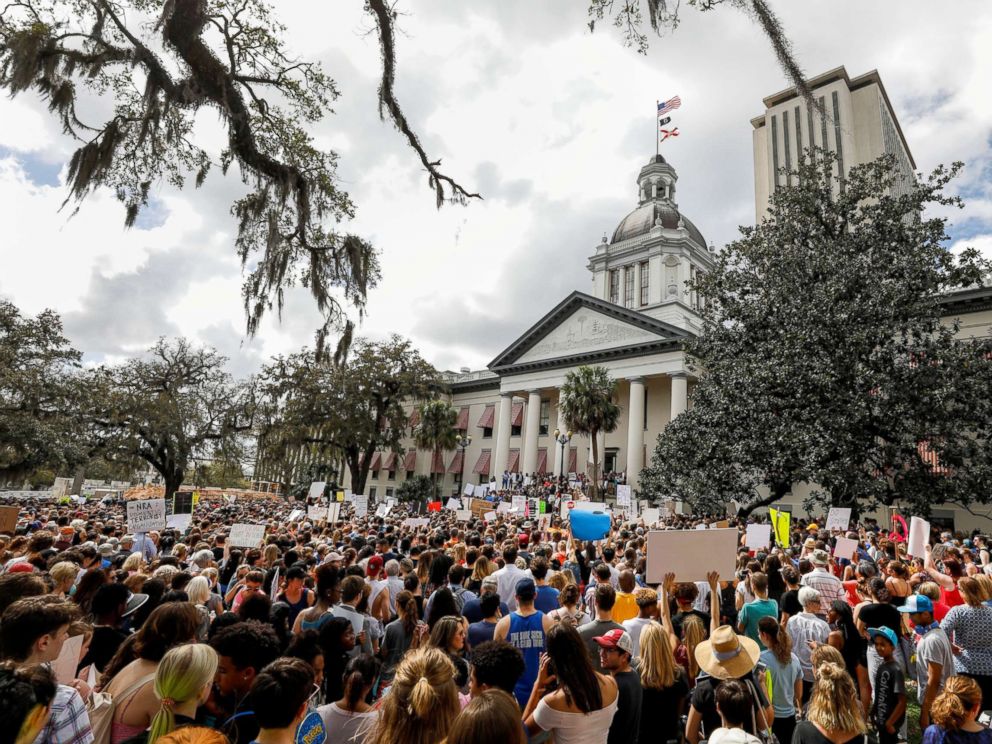 PHOTO: Protesters rally outside the Capitol urging Florida lawmakers to reform gun laws, in the wake of last weeks mass shooting at Marjory Stoneman Douglas High School, in Tallahassee, Fla., Feb. 21, 2018.