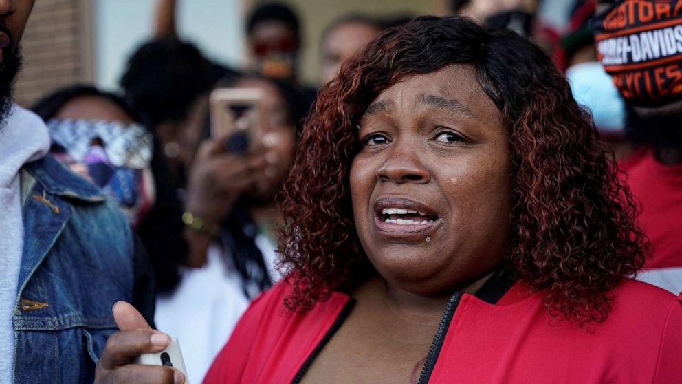 PHOTO: Tamika Palmer, the mother of Breonna Taylor, speaks during a protest on Sept. 18, 2020, while waiting for the findings of the grand jury in the case of Breonna Taylor, shot dead in her apartment by police, in Louisville, Ky.
