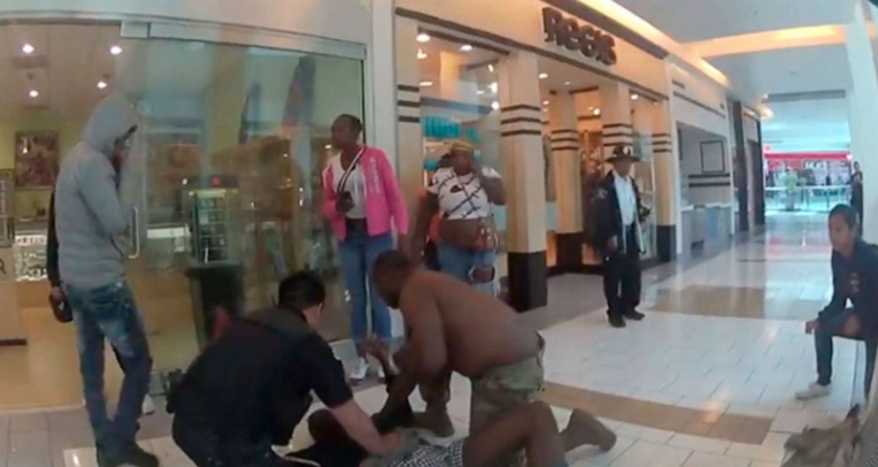 PHOTO: This Tuesday, July 2, 2019, image released by the San Bruno Police Department shows a victim being tended to at Tanforan Mall in San Bruno, Calif.