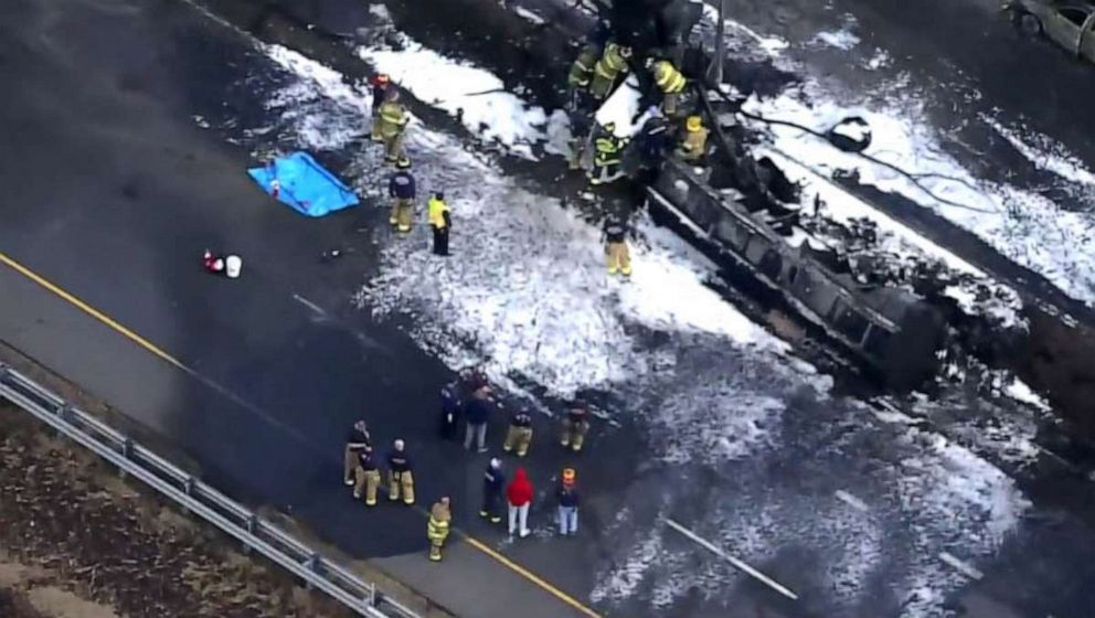 PHOTO: Fire crews respond to the scene of an overturned tanker on U.S. 15 in Frederick, Maryland, March 4, 2023.