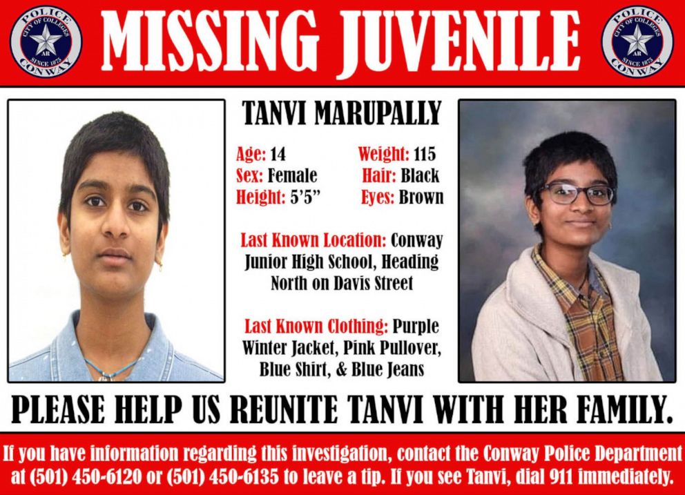 PHOTO: A missing poster for Tanvi Marupally released by the Conway Police Department.