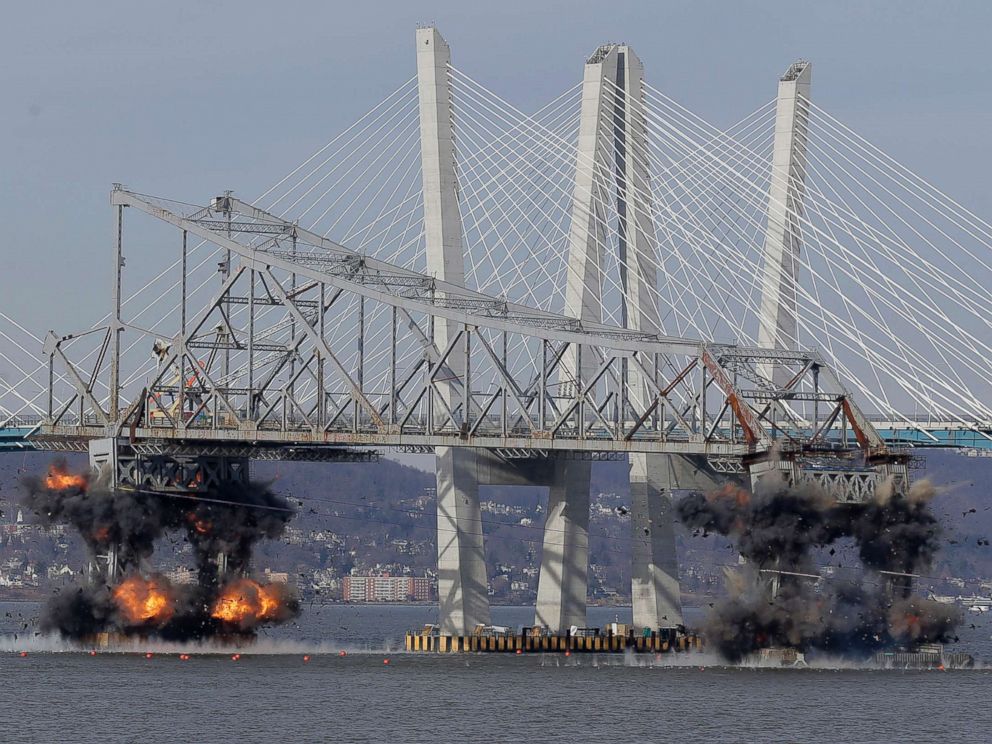 PHOTO: A section of the old Tappan Zee Bridge is brought down with explosives in this view from Tarrytown, N.Y., Jan. 15, 2019.