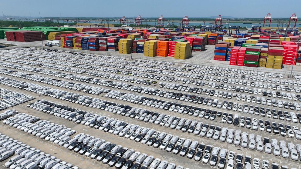 PHOTO: Chinese made cars, including Volvo and other brands, are seen at the port in Nanjing, in China's eastern Jiangsu province, April 16, 2025, as they wait to be loaded onto ships for export.