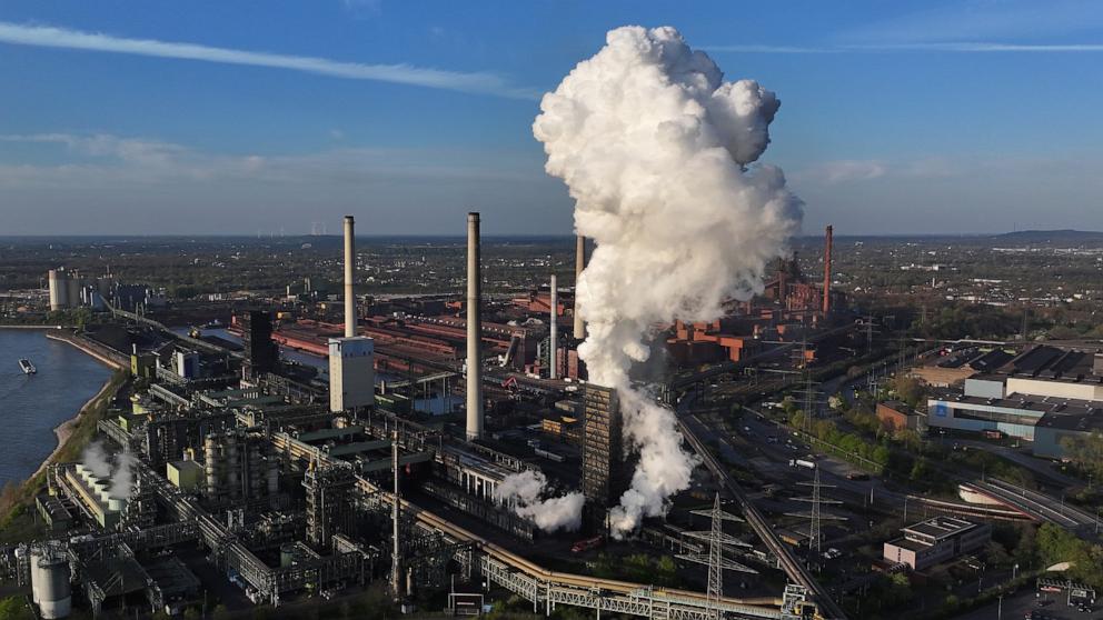 PHOTO: A furnace belches a cloud of steam at the Thyssenkrupp steel mill, April 8, 2025 in Duisburg, Germany.