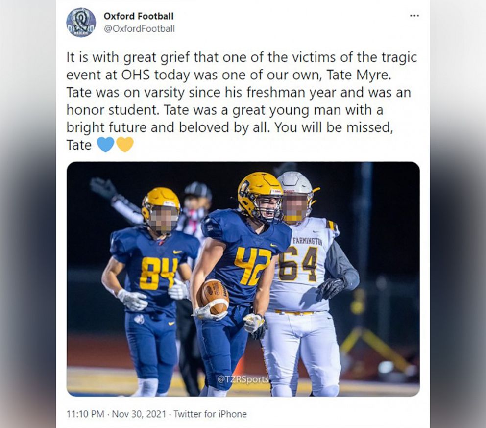 PHOTO: School shooting victim Tate Myre is pictured in a photo posted to the Twitter account of the Oxford Wildcats high school football team on Nov. 30, 2021.
