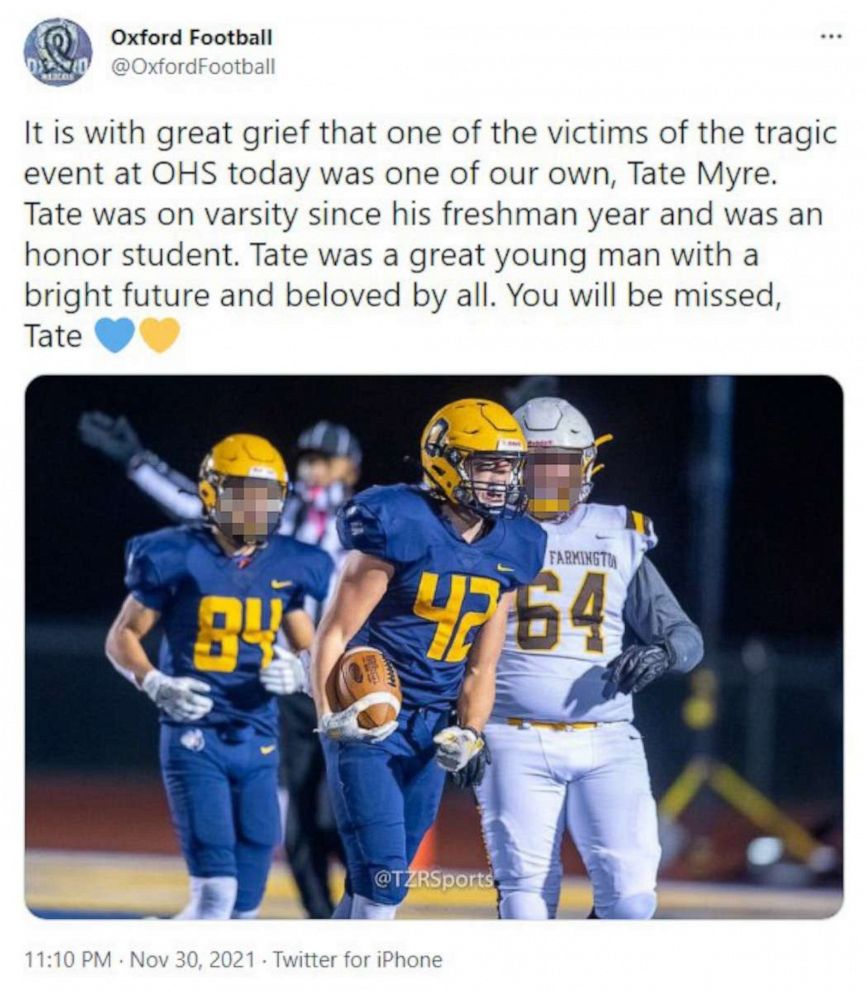 PHOTO: School shooting victim Tate Myre is pictured in a photo posted to the Twitter account of the Oxford Wildcats high school football team on Nov. 30, 2021.