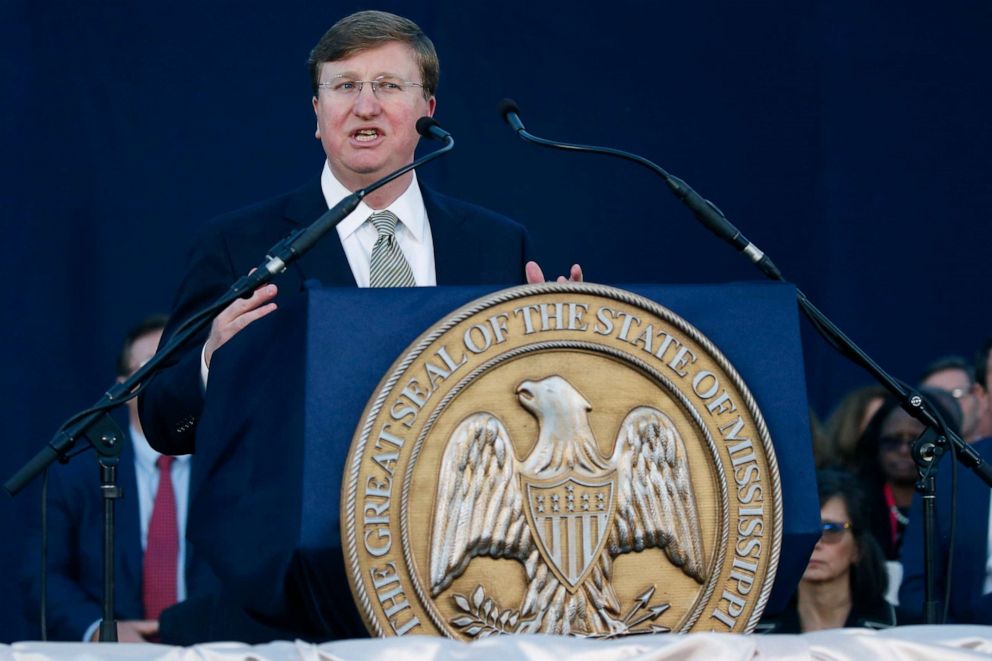 PHOTO: Gov. Tate Reeves delivers his State of the State address before a joint session of the Legislature, seated outside the Capitol in Jackson, Miss.,  Jan. 27, 2020.