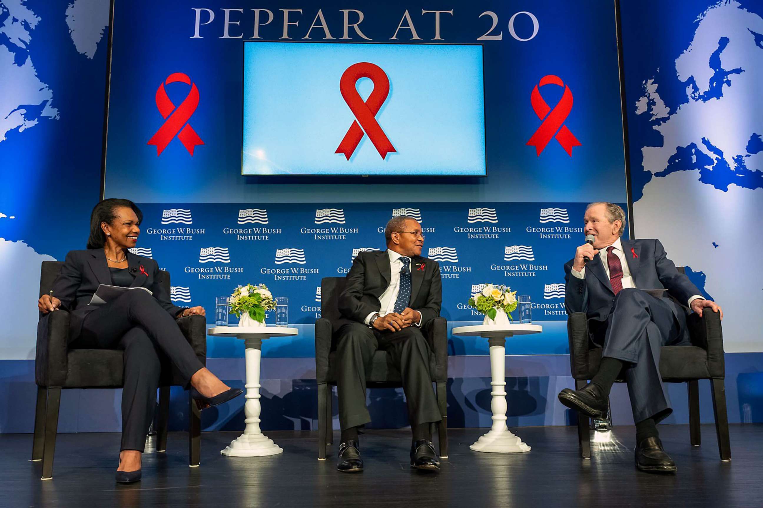 PHOTO: President George W. Bush, former President of Tanzania Dr. Jakaya Mrisho Kikwete, and 66th U.S. Secretary of State Dr. Condoleezza Rice discuss the inception of PEPFAR and its legacy at the PEPFAR at 20 event in Washington, D.C. on Feb. 24, 2023.