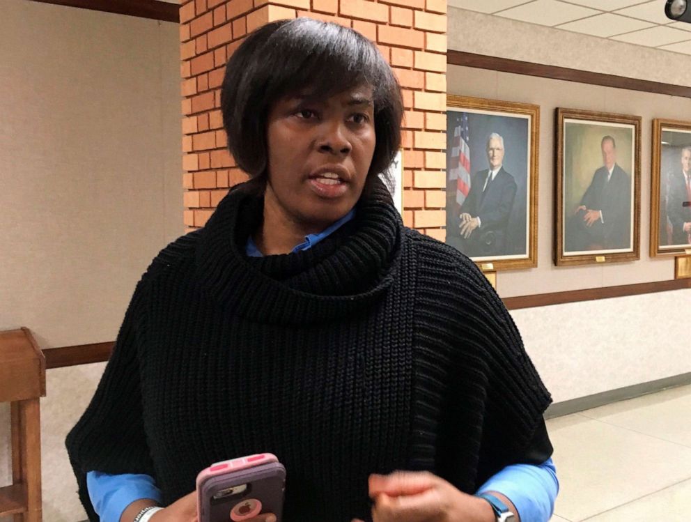 PHOTO: Heather Taylor, president of the Ethical Society of Police speaks to reporters on outside the St. Louis County council chambers, Nov. 13, 2018.