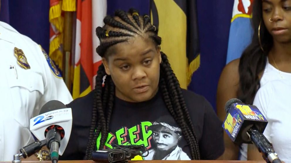 PHOTO: Shanika Robinson, mother of 7-year-old Taylor Hayes, urged the residents of Baltimore to stop the gun violence at a press conference in Baltimore, Aug. 17, 2018.