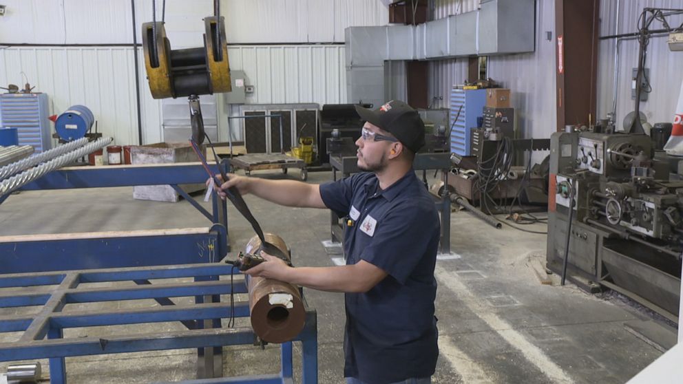 PHOTO: A worker at Taylor Oilfield Manufacturing in Houston, Texas.