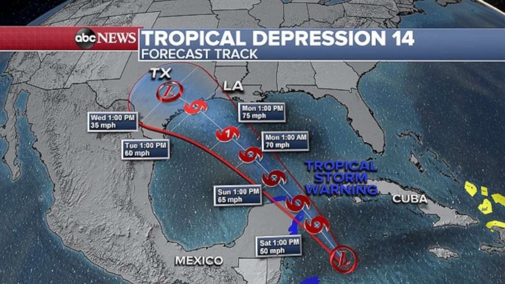 PHOTO: The track for Tropical Depression 14, which will likely turn into Tropical Storm Marco, shows it is headed toward Texas.