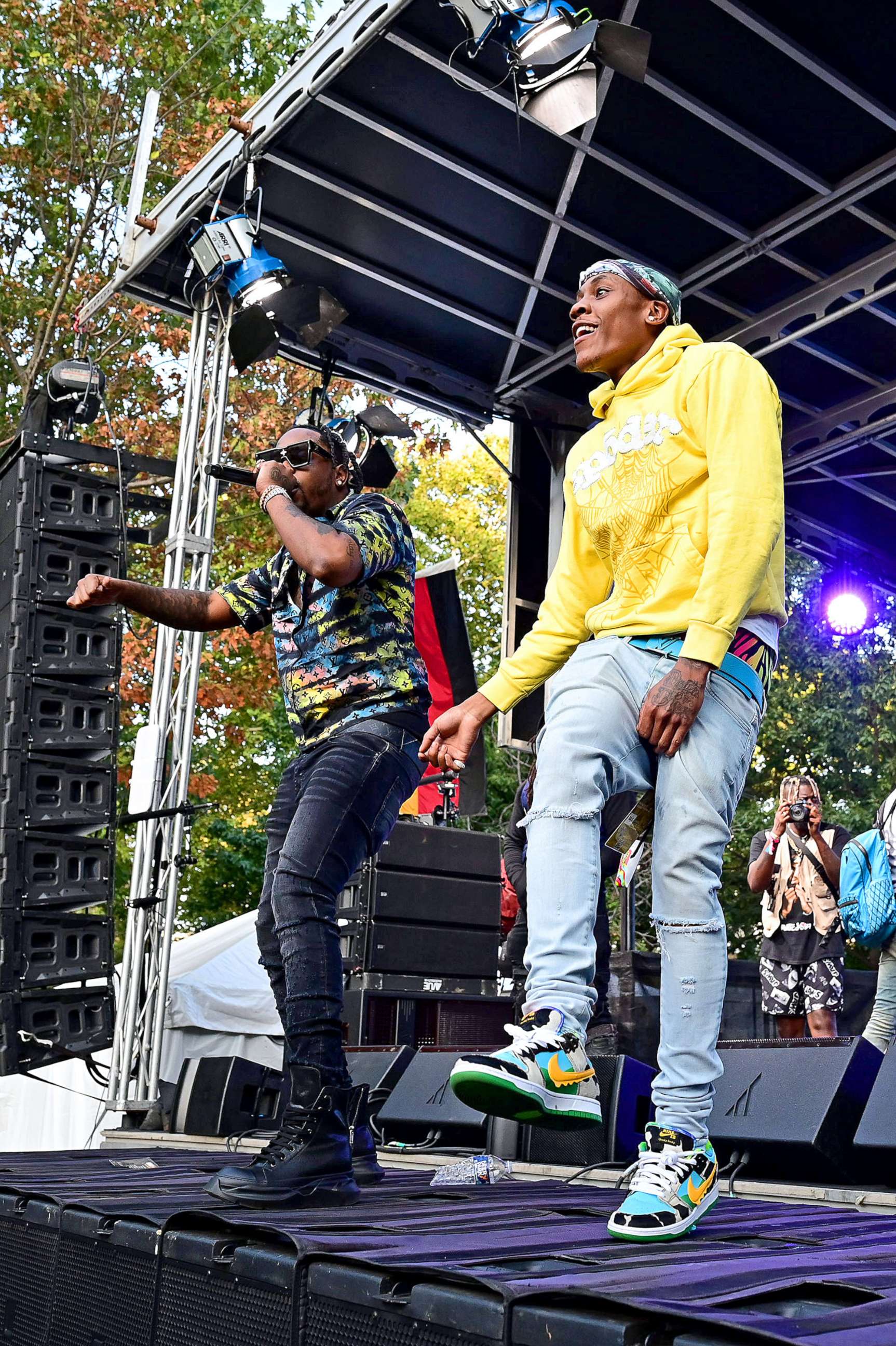 PHOTO: In this Sept. 4, 2021, file photo, Fivio Foreign (L) and TDott Woo perform during 2021 Made In America at Benjamin Franklin Parkway in Philadelphia.