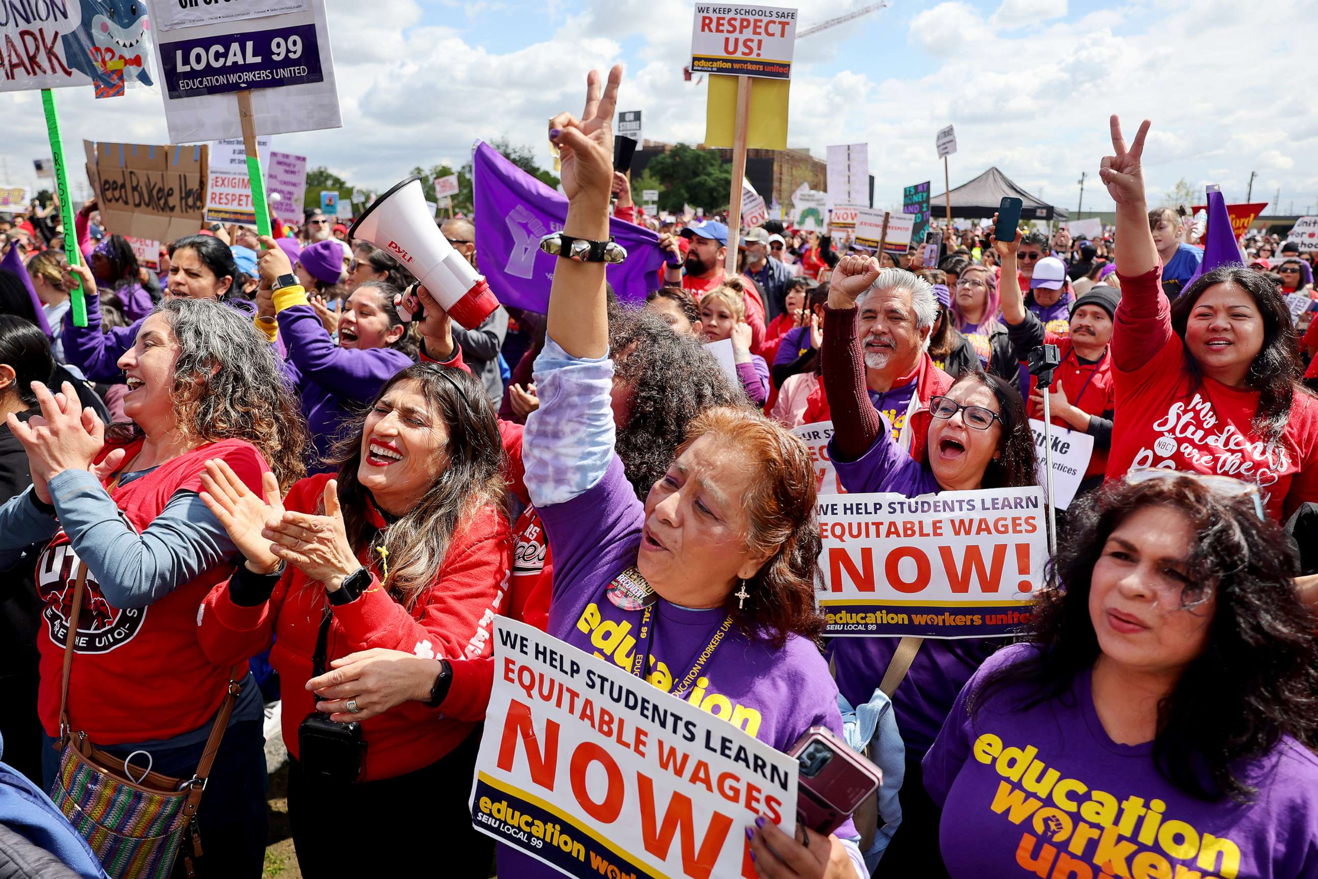 PHOTO: Los Angeles Unified School District (LAUSD) workers and supporters rally in Los Angeles State Historic Park on the last day of a strike over a new contract, March 23, 2023, in Los Angeles.