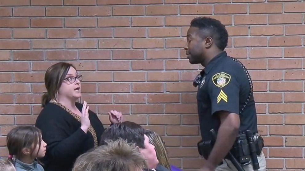 PHOTO: A video obtained by KATC shows teacher, Deyshia Hargrave, being handcuffed and removed from a school board meeting at Vermilion Parish in Louisiana.