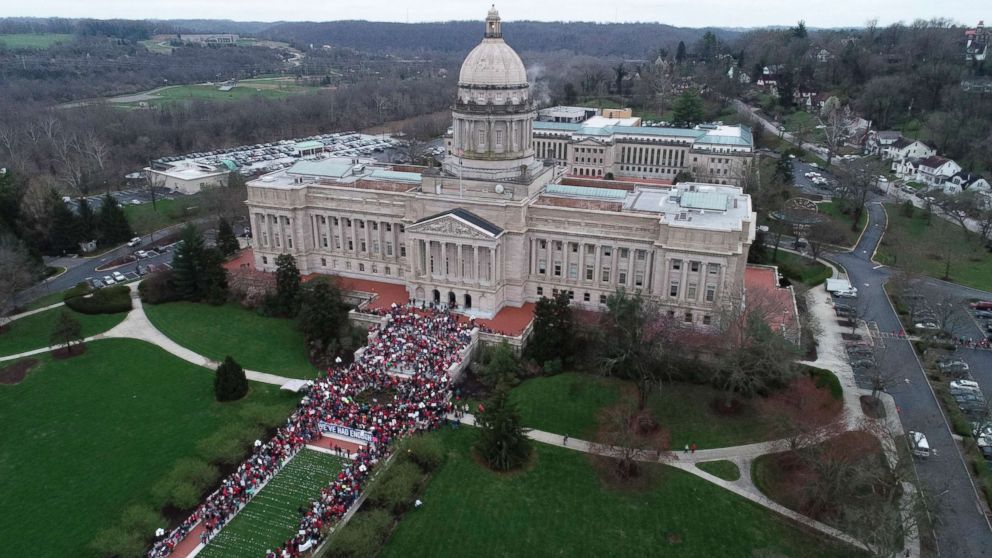 PHOTO: Thousands of Kentucky teachers rally at the state Capitol in Frankfort, Ky., April 2, 2018, to protest last-minute changes to their pension system.