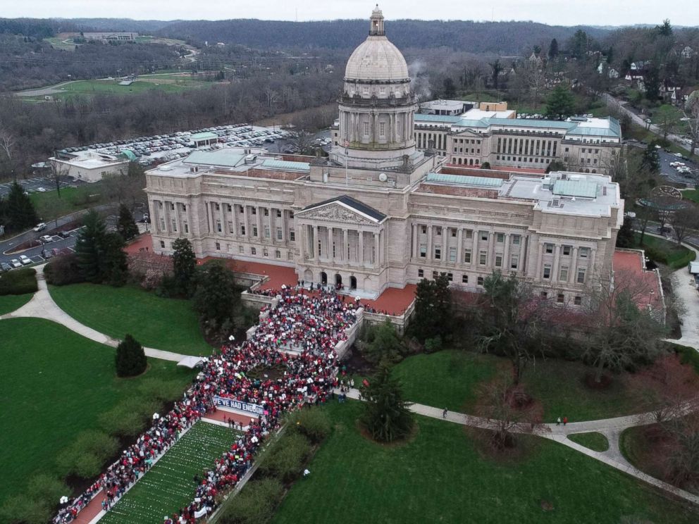 PHOTO: Thousands of Kentucky teachers rally at the state Capitol in Frankfort, Ky., April 2, 2018, to protest last-minute changes to their pension system.