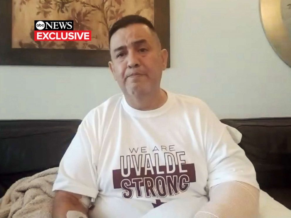 PHOTO: Fourth-grade Uvalde teacher Arnulfo Reyes, hospitalized with gunshot wounds, speaks with ABC's Amy Robach, June 6, 2022.