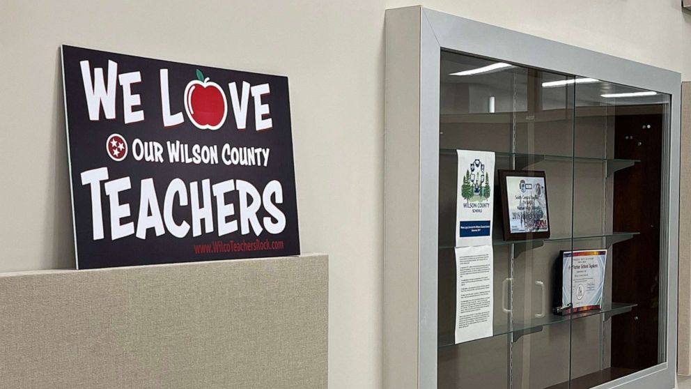 PHOTO: Wilson County's Chamber of Commerce offices and a coalition of churches named Everyone's Wilson have started a sign initiative to show school teacher support amid shortages in Nashville, Tenn., July 29. 2022.