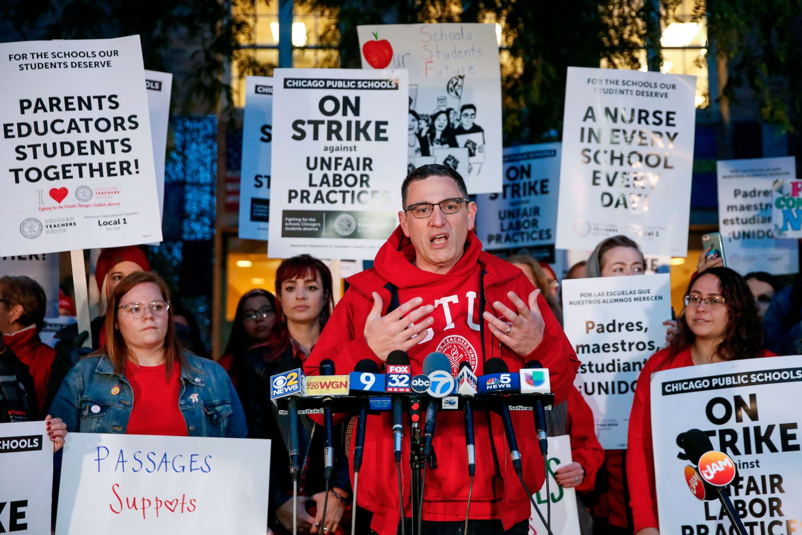 PHOTO: Chicago Teachers Union President Jesse Sharkey speaks outside Peirce Elementary School on the first day of a strike, Oct. 17, 2019 in Chicago.