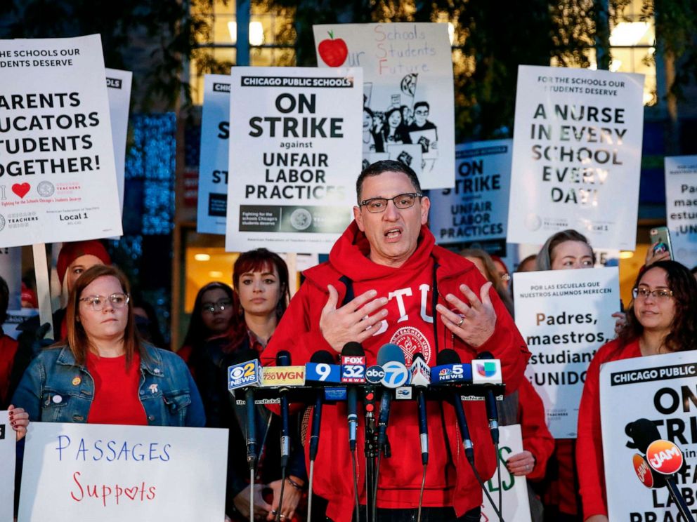 PHOTO: Chicago Teachers Union President Jesse Sharkey speaks outside Peirce Elementary School on the first day of a strike, Oct. 17, 2019 in Chicago.
