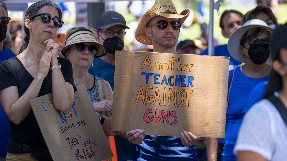 PHOTO: Teachers rally at the March for Our Lives protest on June 11, 2022 in Los Angeles.