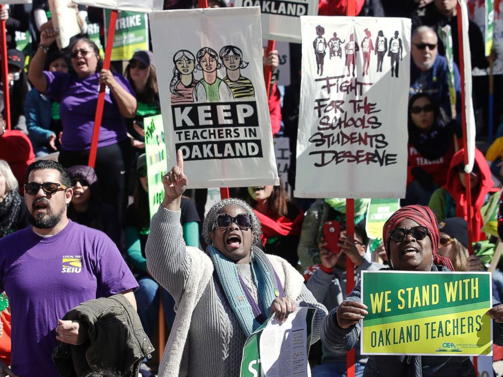 PHOTO: Teachers, students and supporters rally at Frank Ogawa Plaza in front of City Hall in Oakland, Calif., Feb. 21, 2019.