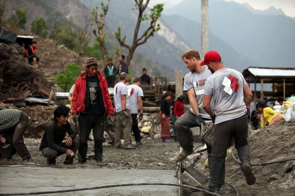 PHOTO: Prince Harry joins army veterans from Team Rubicon UK to help rebuild a school destroyed in an earthquake in Nepal, April 5, 2016.